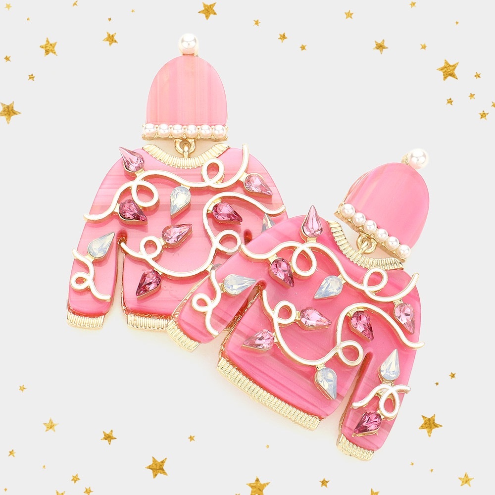 Pink Sweater Earrings with Gem Details